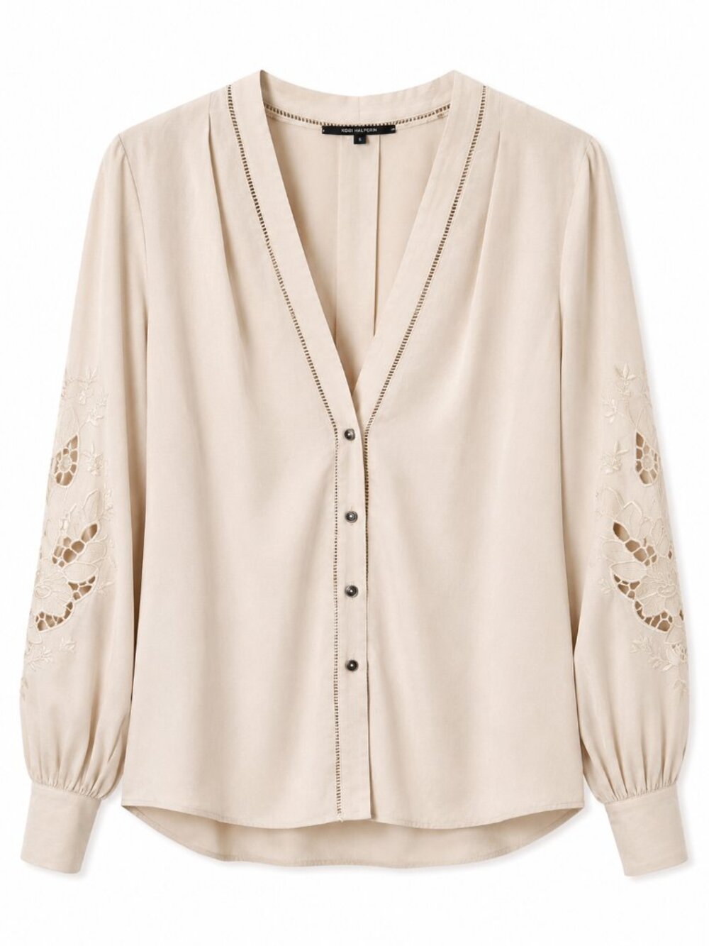 Kobi Halperin Lace Sleeve Linen Tencel Blouse Size Small Beige Boho